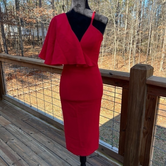 Dress The Population Red Beth Fitted Midi Dress One Shoulder Ruffle Valentines - Picture 1 of 7